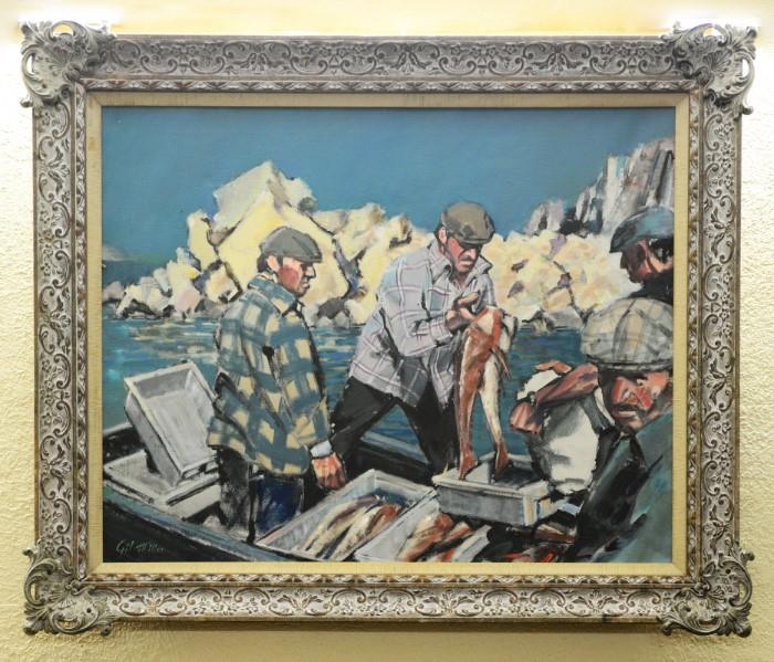 MILLER, Gil, (American, 20th C.): Fisherman Viewing the Days Catch, Oil/Canvas, 24" x 30", signed lower left, framed 31" x 37".