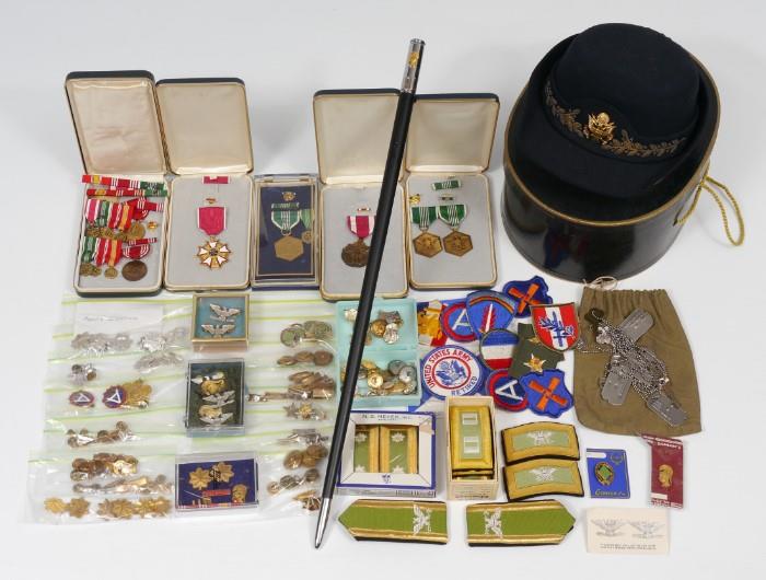 Military Medals, Uniform, Hat w/bowl & Swaggerstick