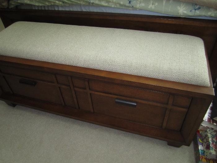 Fabric covered foot of bed bench with 2 drawers
