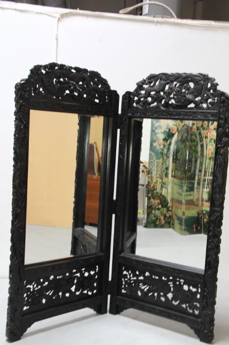 Chinese solid heavy carved wood panel mirror