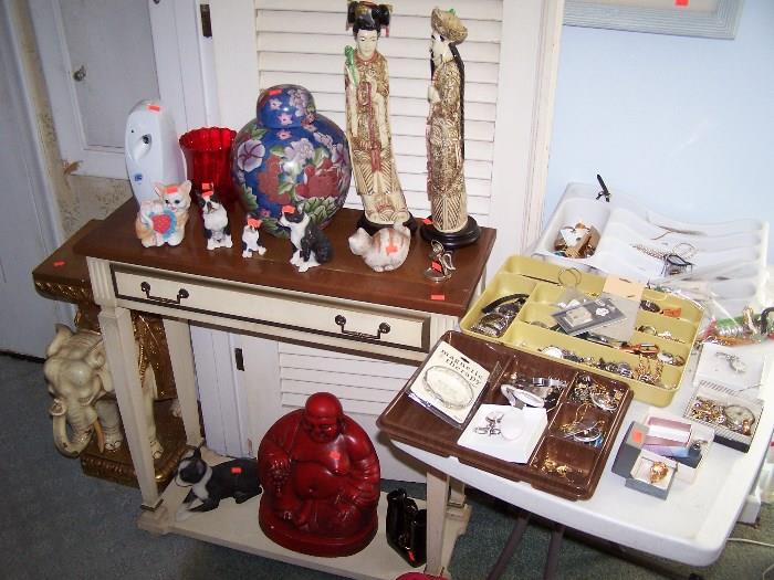 COSTUME JEWERLY, HALL TABLE & MISC.