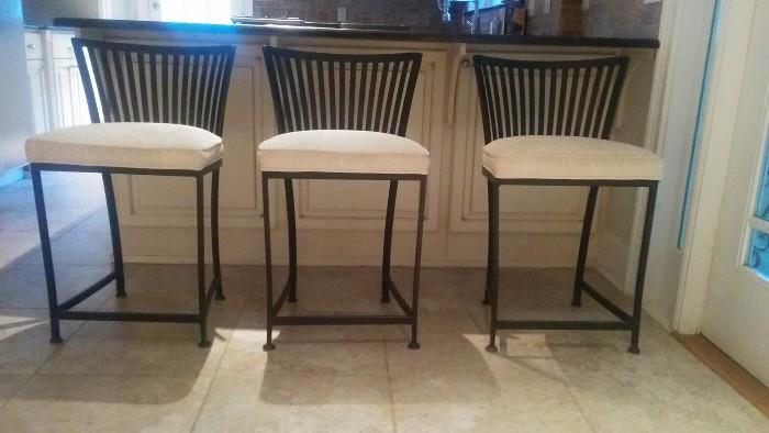 Set/3 wrought iron/upholstered bar stools