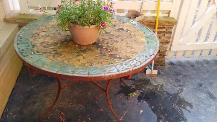 Inlaid tile top outdoor table, with perfect patina 