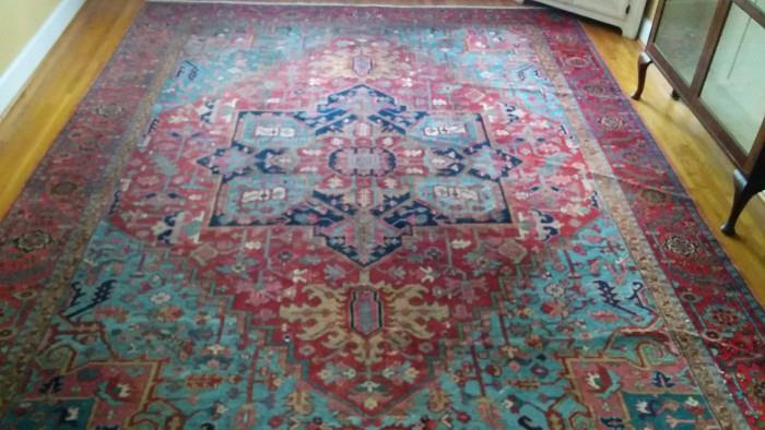Now THIS is a rug! It is one of the best rugs I've ever had the pleasure of selling at my estate sales. It measures 14'5" x 11'3"and is in pristine condition for an antique Serapi. During my illustrious work career, similar to Forrest Gump, I worked for Mr. Eddie Moattar at House of Persia, formerly located on W. Paces Ferry Road. He was interesting to work for - very knowledgeable and a zillionaire from selling gorgeous rugs to all the Buckhead elite. In 1983, I sold two similar rugs to the contractor who had just landed the MARTA contract, for the paltry sum of $50K.We all know that rug prices have taken a major dive over the past few years, but Serapis of this quality are still highly sought after by those who know great rugs. Don't miss this one.