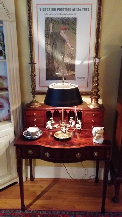 Wonderful antique English secretary, with French gilt bronze table lamp, pair of large bradass candlesticks, etc.