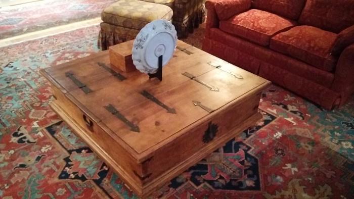 Very nice pine coffee table, 4' square.