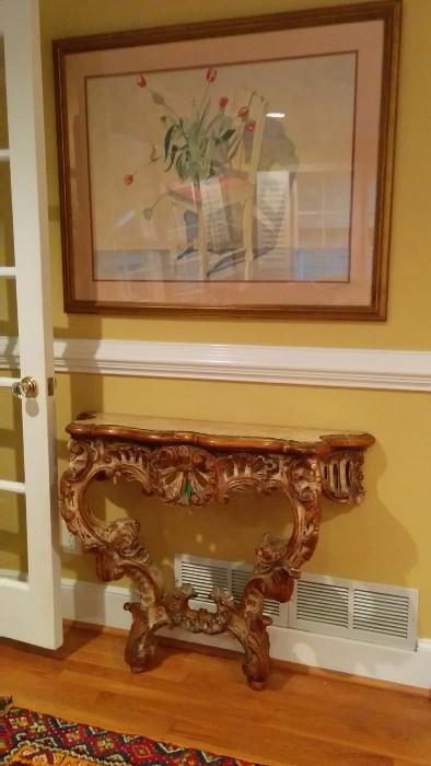 Nicely framed/matted hand painted watercolor of spring tulips. What's better than roses on a piano?                Don't forget the French carved wood console table - very nice!