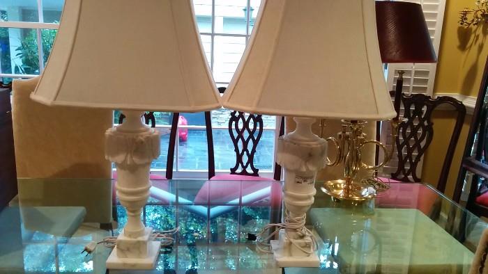 Pair of vintage Italian white marble lamps, w/shades & finials. 