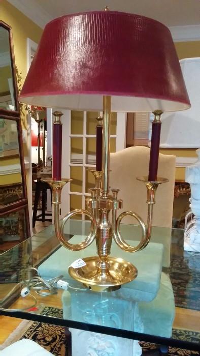 2-Light brass trumpet desk lamp, w/red faux alligator shade - perfect for New Orleans, Vegas or Amsterdam.