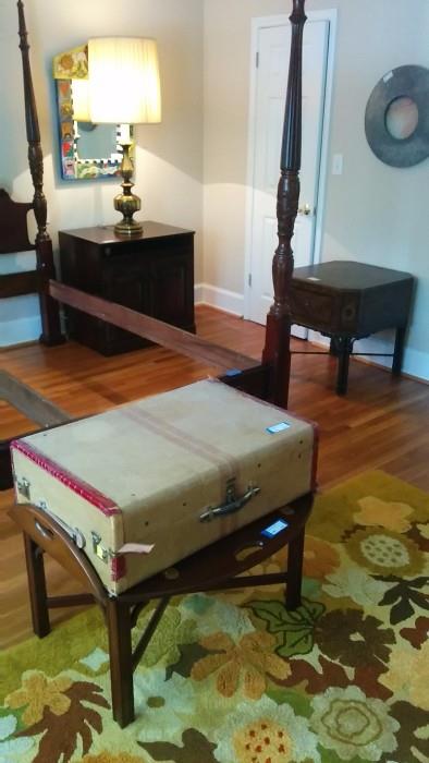 Vintage Suitcase on mahogany tray table, which LOVES the floral rug.