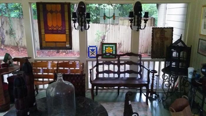 One of a pair of antique stained glass panels, a pair of modern metal 3-light sconces, mahogany settee, etc.