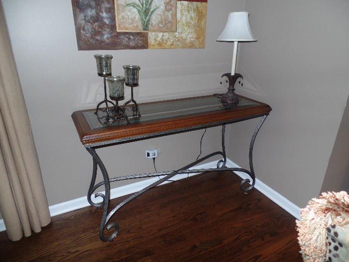 Wrought iron, wood and glass table