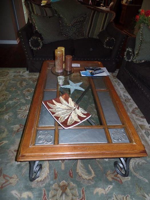 Wrought iron, wood and glass coffee table. With matching side table and long tall table