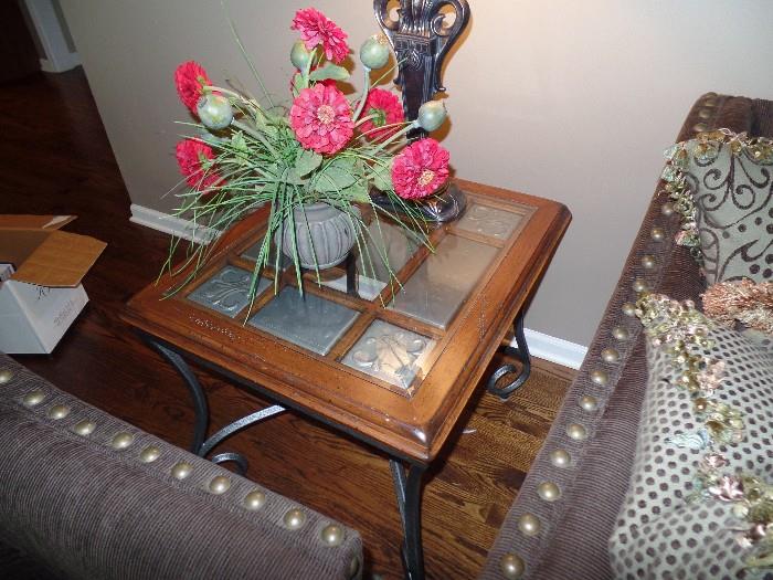 Wrought iron, wood and glass side table, with matching coffee table and long tall table