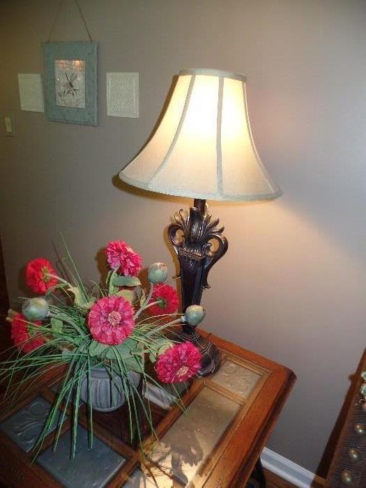 Glass and wood end table-Lamp and Floral