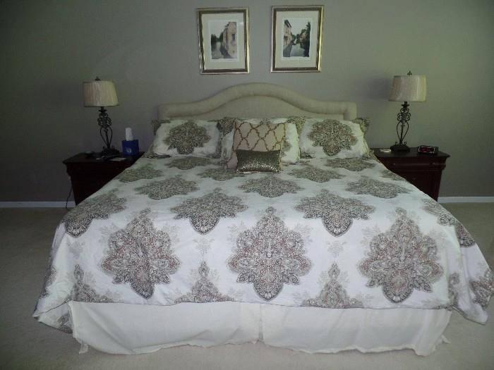 King size bed fabric head board.  Pottery Barn Linen. Mattress Not For Sale