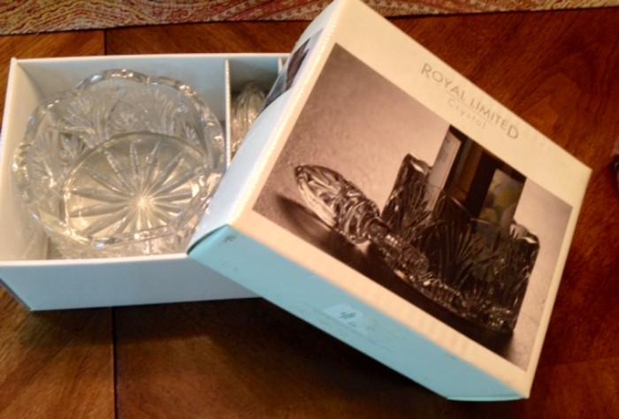 Crystal Wine Coaster and Stopper Set, new in box
