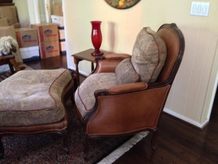 Leather and Luxurious Fabric Arm Chair and Ottoman