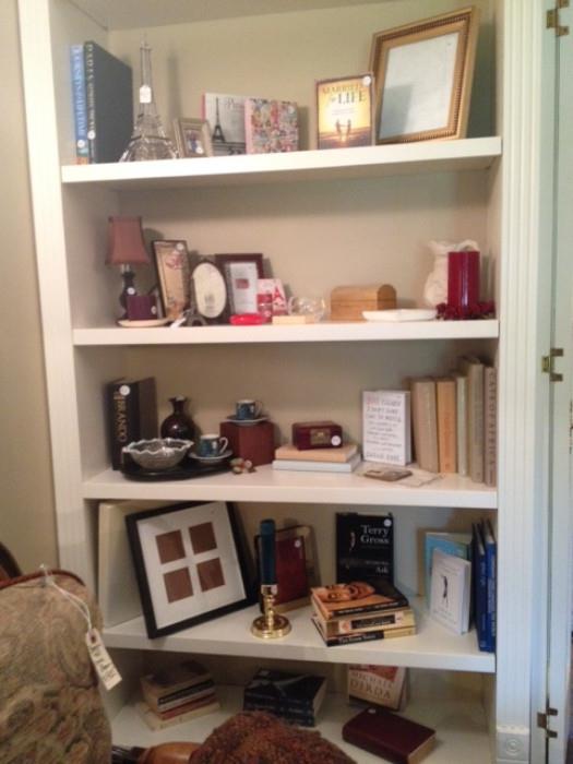 Frames, Fenton Glass, MCM Vase, Van Gogh Demitasse Cups and Great Books and Collectibles in the built in bookcases
