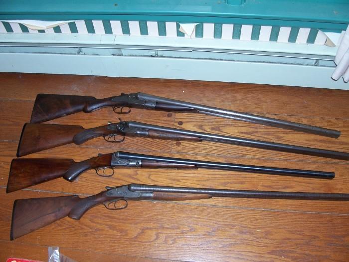 Four Antique Double Barrel Shot Guns; Baker Gun Company, Parker Brothers, Scott & Son, New Era