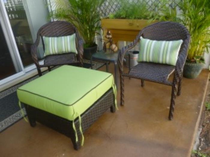 Patio Furniture Sold As A set/(2 cushioned armchairs & ottomans, 2 sidechairs, 2 umbrealla) $900