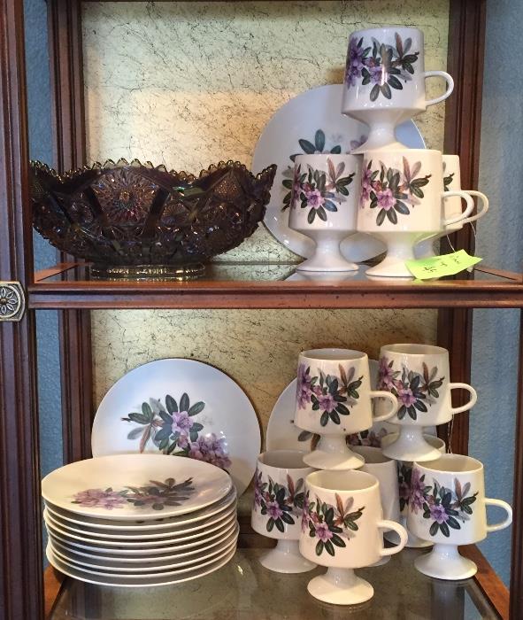Purple Harlequin Bowl and set of 12 cups and snack plates. 