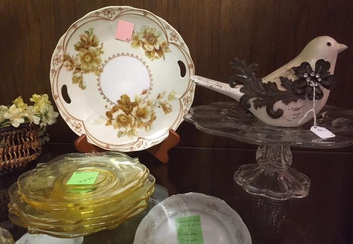 Yellow Depression Glass plates, China plates, cake stands