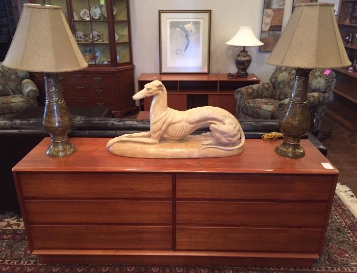 Teak dresser, pair of metal lamps from India, and a fantastic antique paper mache whippet sculpture.!