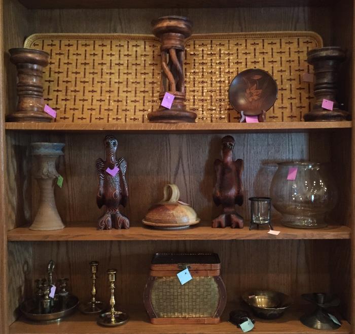 Wood carvings and pottery.