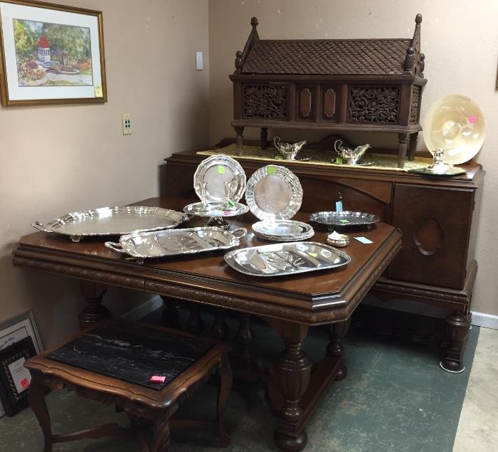 Tables, chest, buffet, art, and lots of silver plate -- now in Bargainville!
