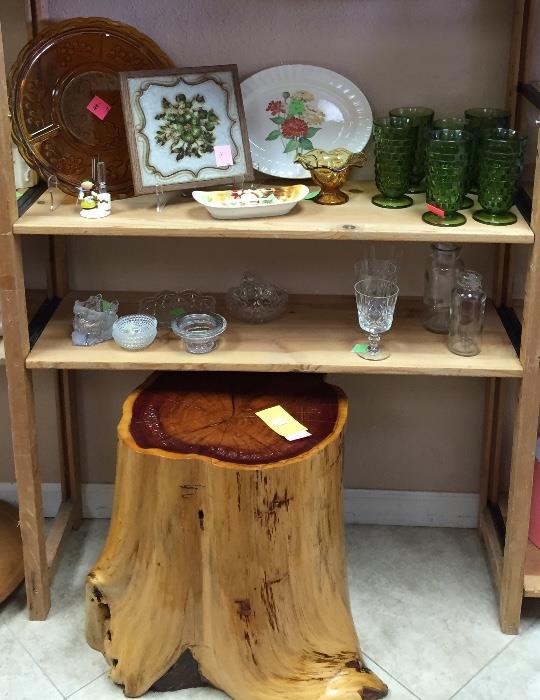 Pine stump, china and glassware in Bargainville.