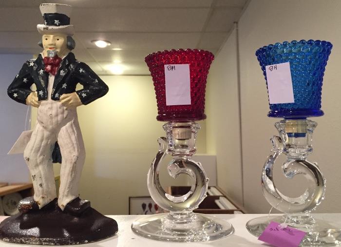 Uncle Sam Iron Doorstop and patriotic candleholders.