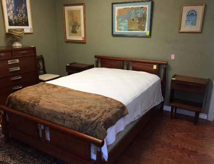 Willett mid-century double bed and mattress set, art, and two mid-century end tables.