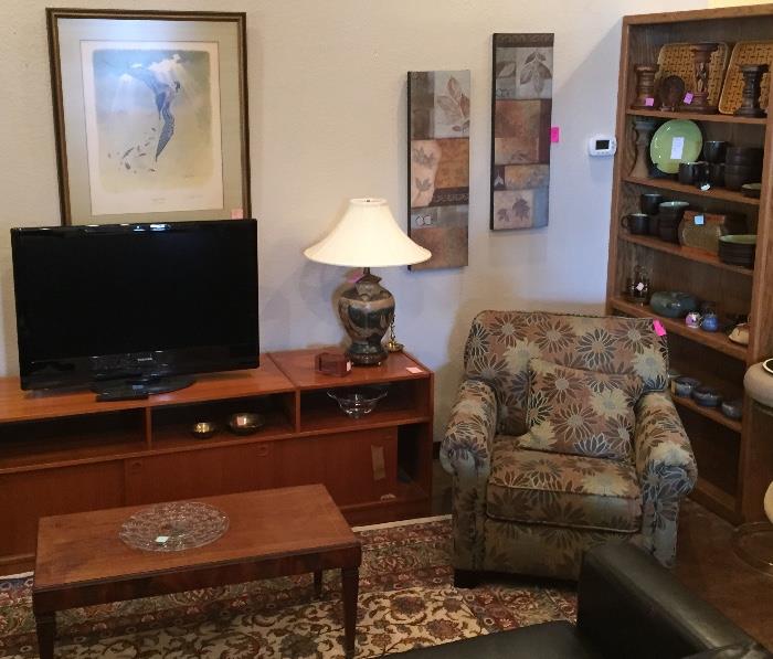 Toshiba flat screen TV, teak media cabinet, Lane coffee table, huge room size rug, art, pottery and contemporary floral chair (one of two)