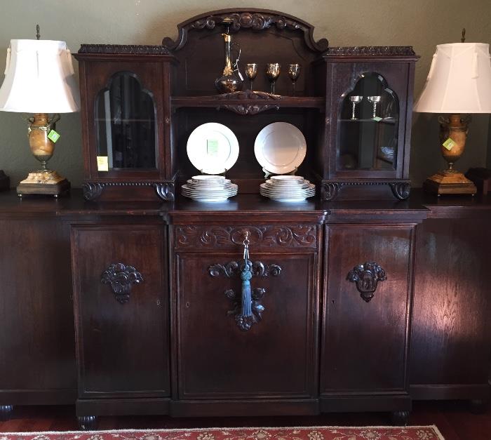Antique sideboard, antique marble lamps, and Noritake chnia.
