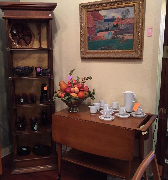 Purple glassware, art, Thomas German coffee set, and Willett mid-century tea cart.
