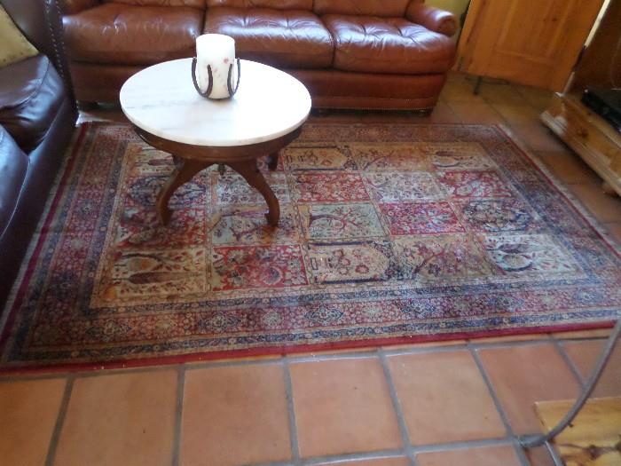 5 x 8 Rug from Belgium, Victorian round carved wood table with marble top