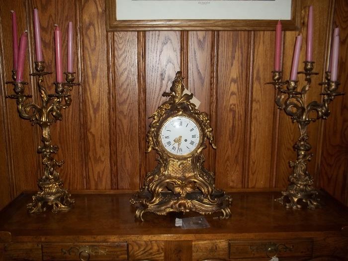 Late 1800s Gilt Brass Antique French Clock Candleabra Set