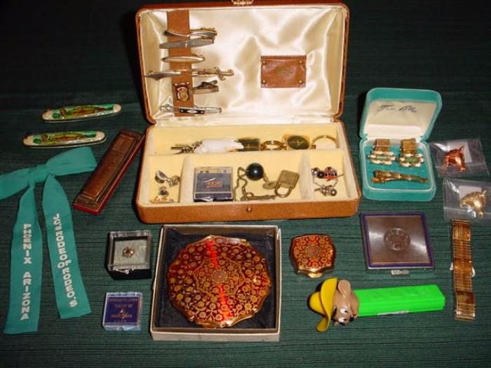 Vintage Stratton compact (in original box) with matching pill box. Men's tie tacs, cuff links, knives, etc. Even a Speedy Gonzales Pez with no feet.