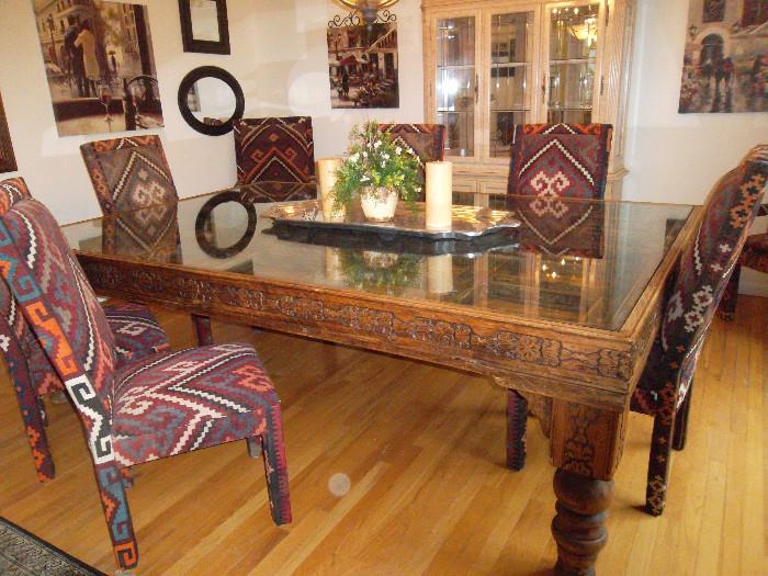 Antique Moroccan, Southwestern, Tibetan custom made dining table from century old doors from Serets in Sante Fe