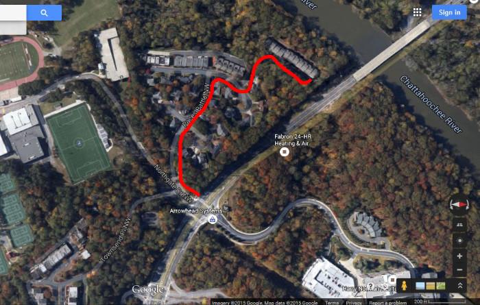 Paces Battle is located at intersection of Northside Pkwy and Northgate Drive.  Red on map shows the 4 story townhome located in far right corner of property DOWN BY RIVER FRONT.