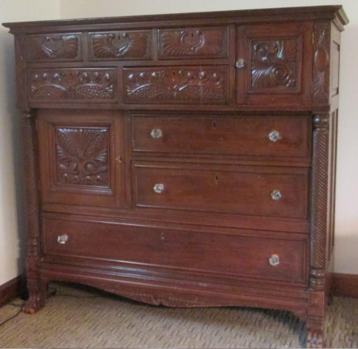 Antique Carved  Chest of Drawers, circa 1890.  Mahogany
