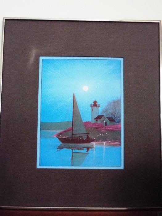 Bill Stillson's original oil on masonite painting of a sail boat at dusk. 1982