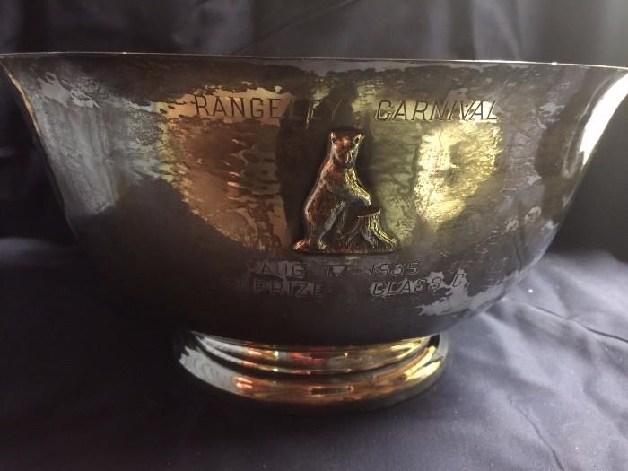 This Sterling Silver Trophy Bowl was given at the Rangely Carnival on Aug. 17, 1935 for the Speed Boat Racing Class C First Prize.  It is hand crafted & signed "Gebelein"  
