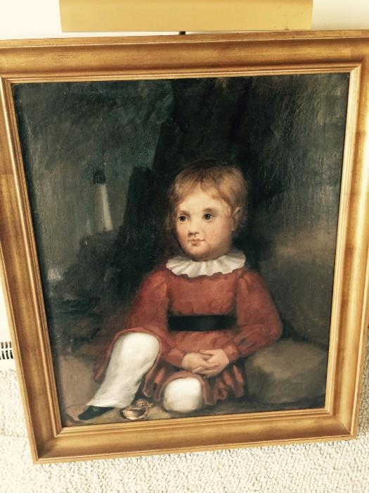 Fresh from Family!  Painted by Abel Nichols (family relative) in Danvers.  Child with light house, clipper ship & shell.  