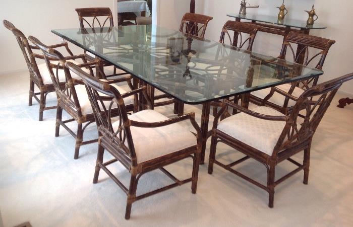 Bernhardt Rattan Dining Room Set with 1" thick beveled glass:  96" wide x 53" deep x 29" high 