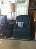 Armchair, table/lamp combo, Hitachi stereo set.