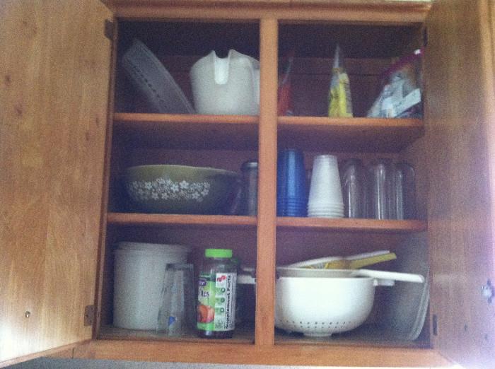 Kitchen wares. Note the vintage Pyrex green bowls.