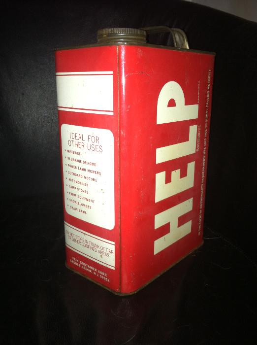 Unusual 1950s "HELP" gasoline can. Markings on the sides suggest additional uses for a gas can. 