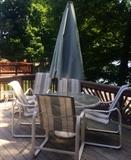 Patio Furniture (heavy duty): Table, Umbrella, Base, 4 chairs, 2 lounges
